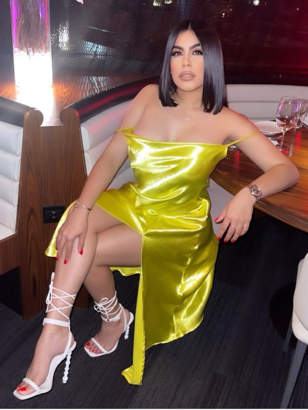 Yellow Satin Off-Shoulder Slit Dress